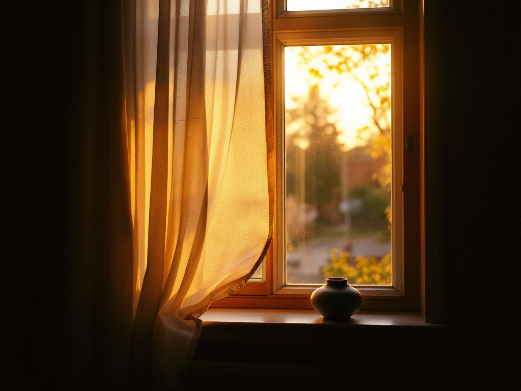 A residential window at golden hour, a soft linen curtain catching warm afternoon light