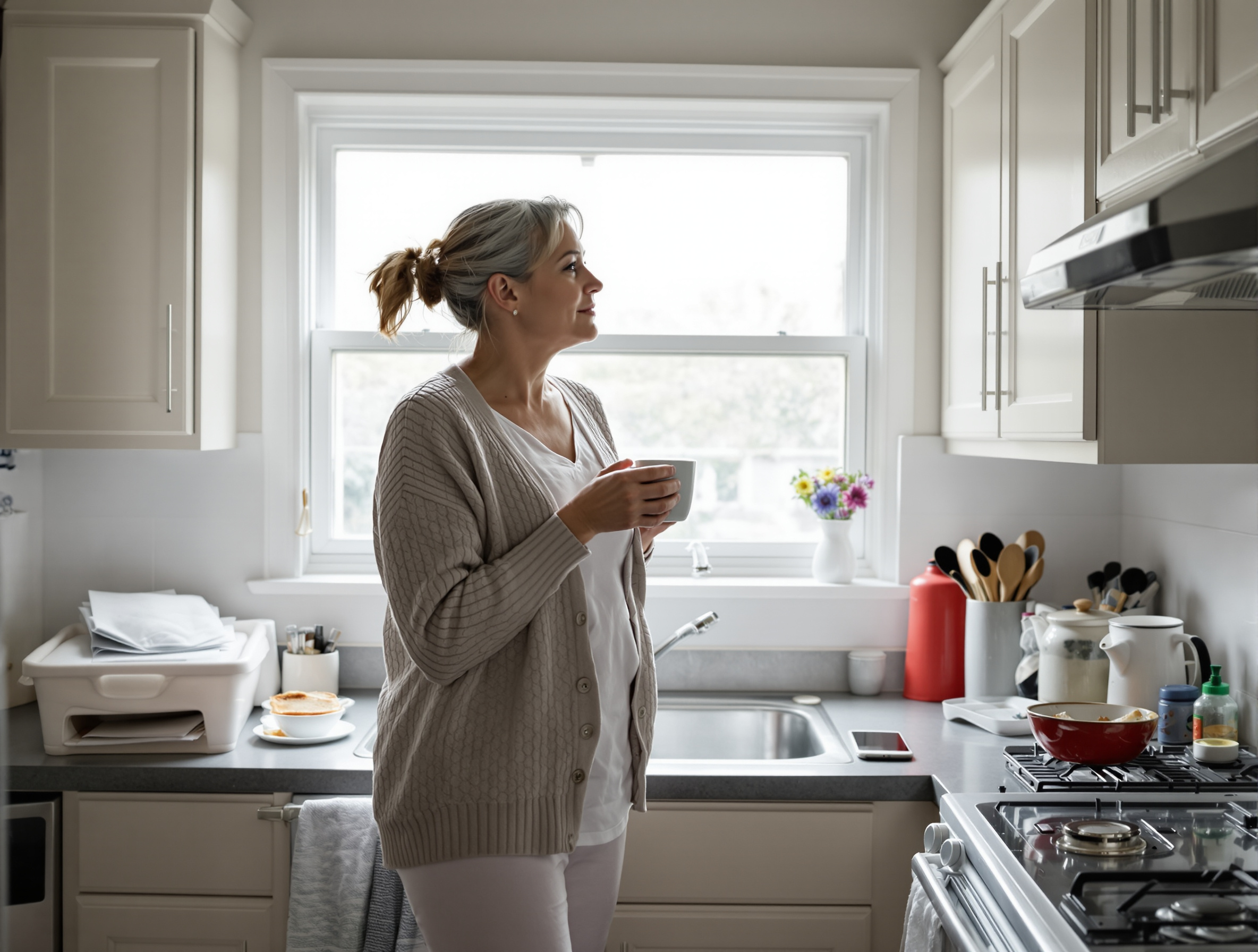 A woman in her fifties standing at a kitchen window with a mug, on a weekday morning, in a real lived-in kitchen