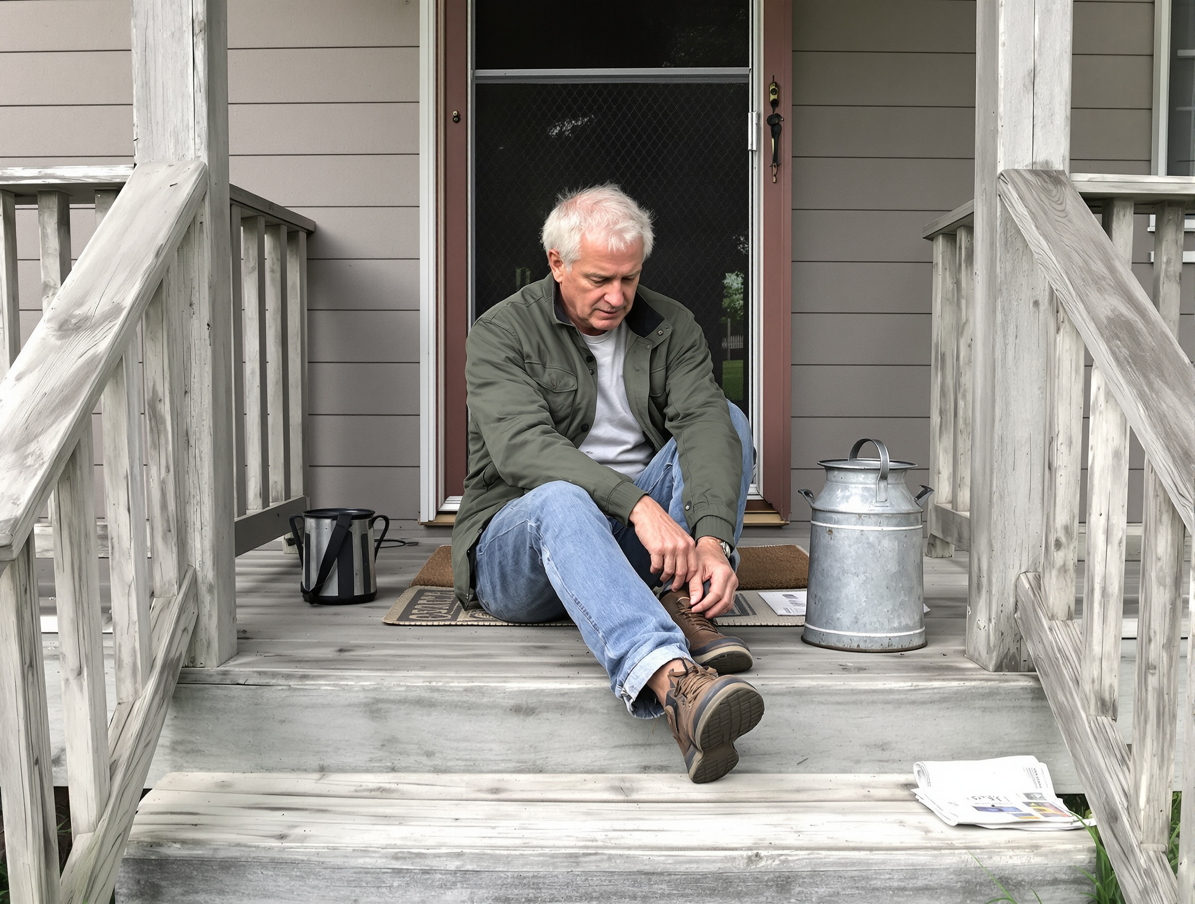 An older man sitting on the worn wooden steps of his back porch, glancing down at his boot, in flat overcast late-afternoon light