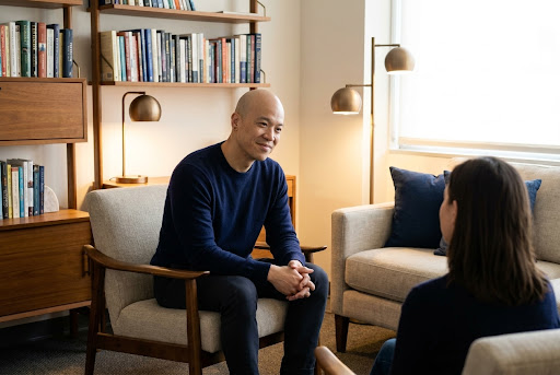 A clinician seated across from a patient in a quiet consult room with warm pendant lighting, mid-conversation about a treatment plan