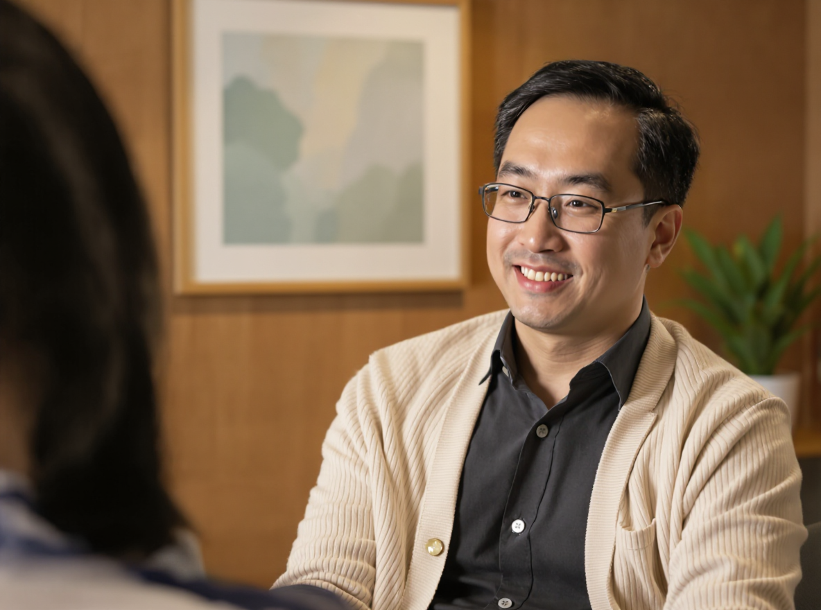 A psychiatrist in a soft cardigan, seated in a calm consulting room, listening with warm attention during a conversation while holding a page of notes