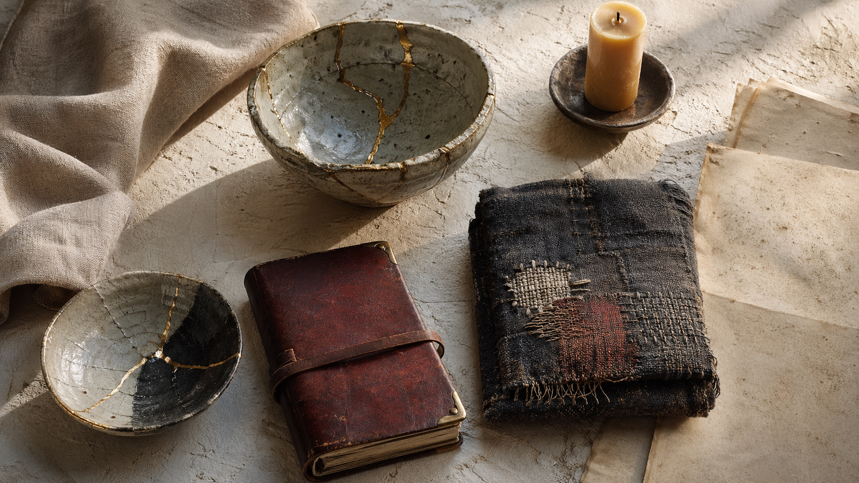 A small still life on a pale linen ground: two ceramic bowls mended with gold-filled kintsugi seams, a worn leather-bound journal, a folded indigo textile patched in sashiko stitching, and a lit candle in a low dish