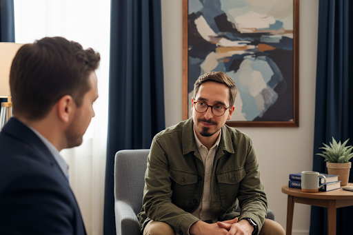 A therapist in an olive shirt seated in a daylit consult room, listening to a patient seated in the foreground