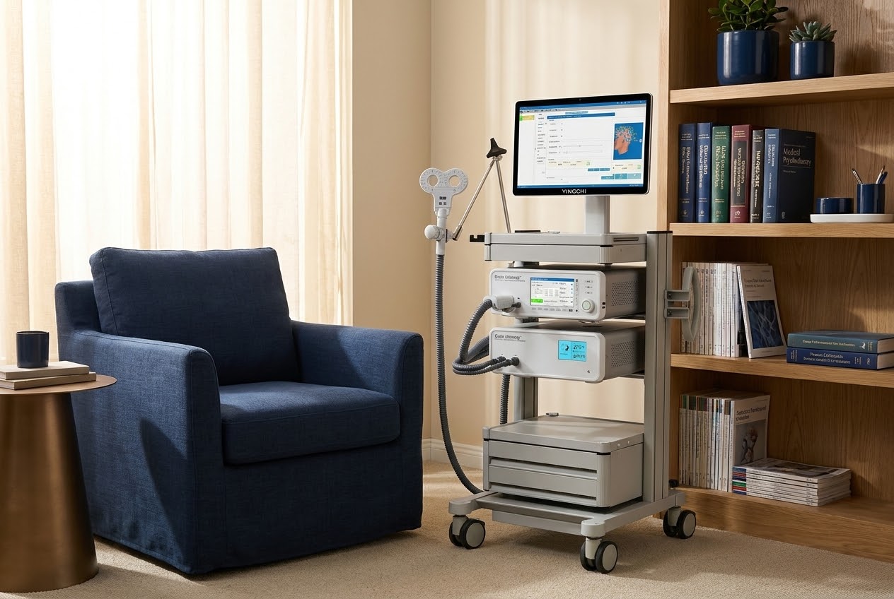 NeuPath TMS treatment room: a navy armchair beside a TMS device cart with a figure-eight stimulation coil on an articulated arm, monitor showing a session interface, warm linen curtains and a wood bookshelf in the background