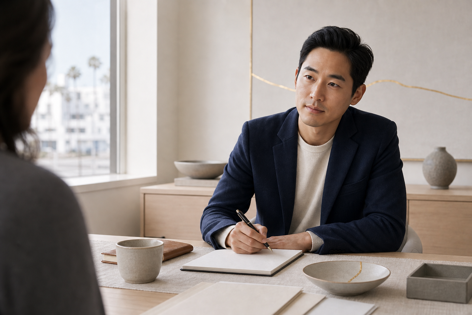 Young Asian male therapist listening compassionately across a light consultation table with clinical notes, ceramic, woven cloth, and restrained gold repair detail