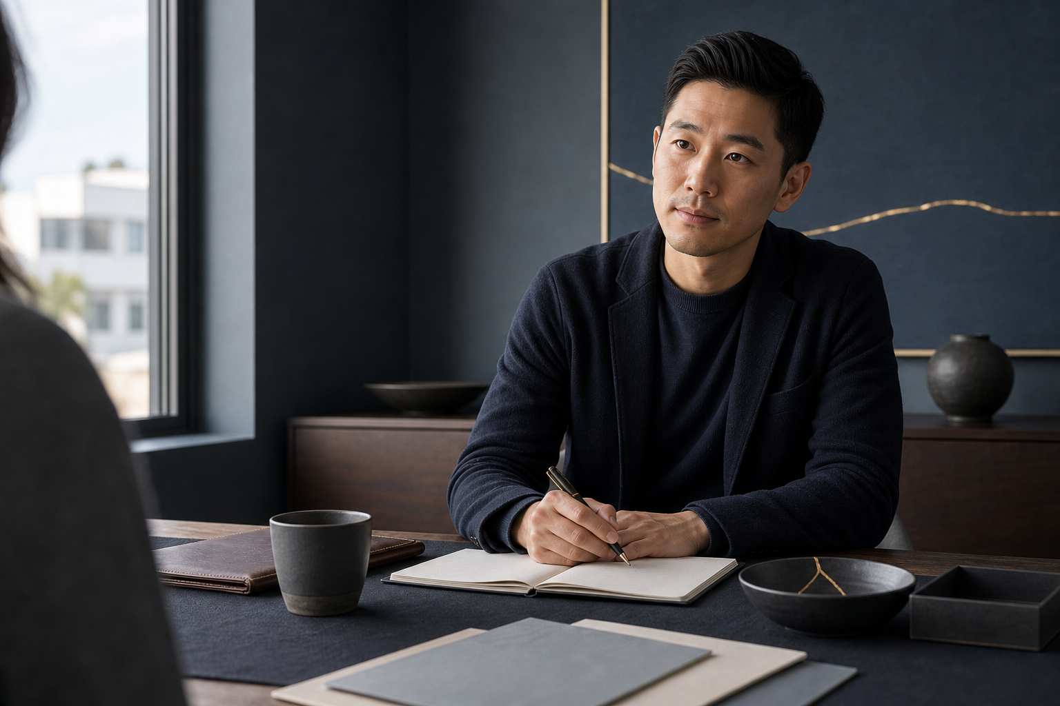 Young Asian male therapist listening peacefully across a slate consultation table with clinical notes, dark ceramic, woven cloth, and restrained gold repair detail