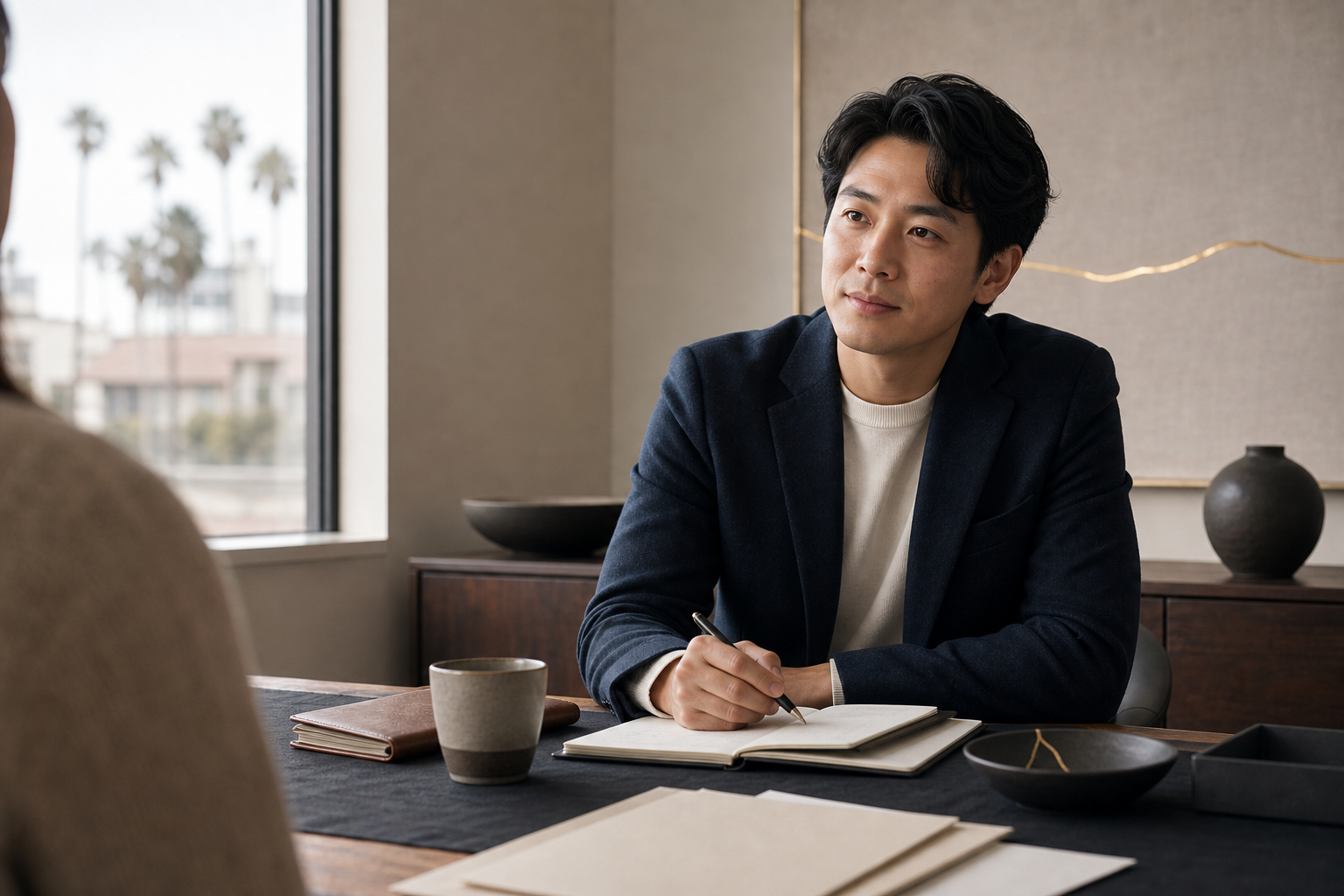 Young Asian male therapist listening with a calm expression across a consultation table with clinical notes, ceramic, woven cloth, and restrained gold repair detail